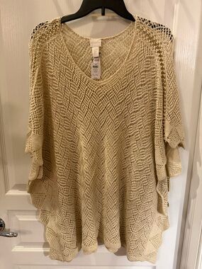 NWT Chico's Cream Crochet Knit Poncho Sweater